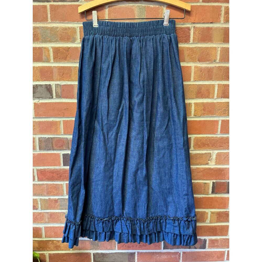 Vintage Serbin Sport Denim Ruffle Prairie Midi Skirt Size 10 - Picture 4 of 4